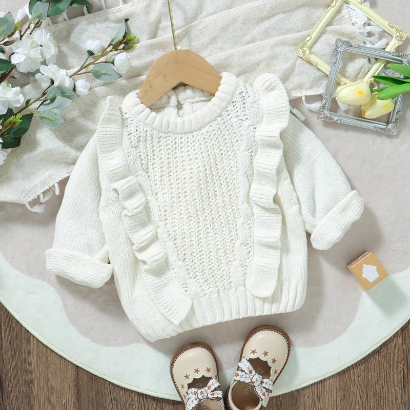 Baby Meisje Trui Lange Mouw Ronde Hals Franjes Effen Winter Warm Gebreide Trui Baby Kleding