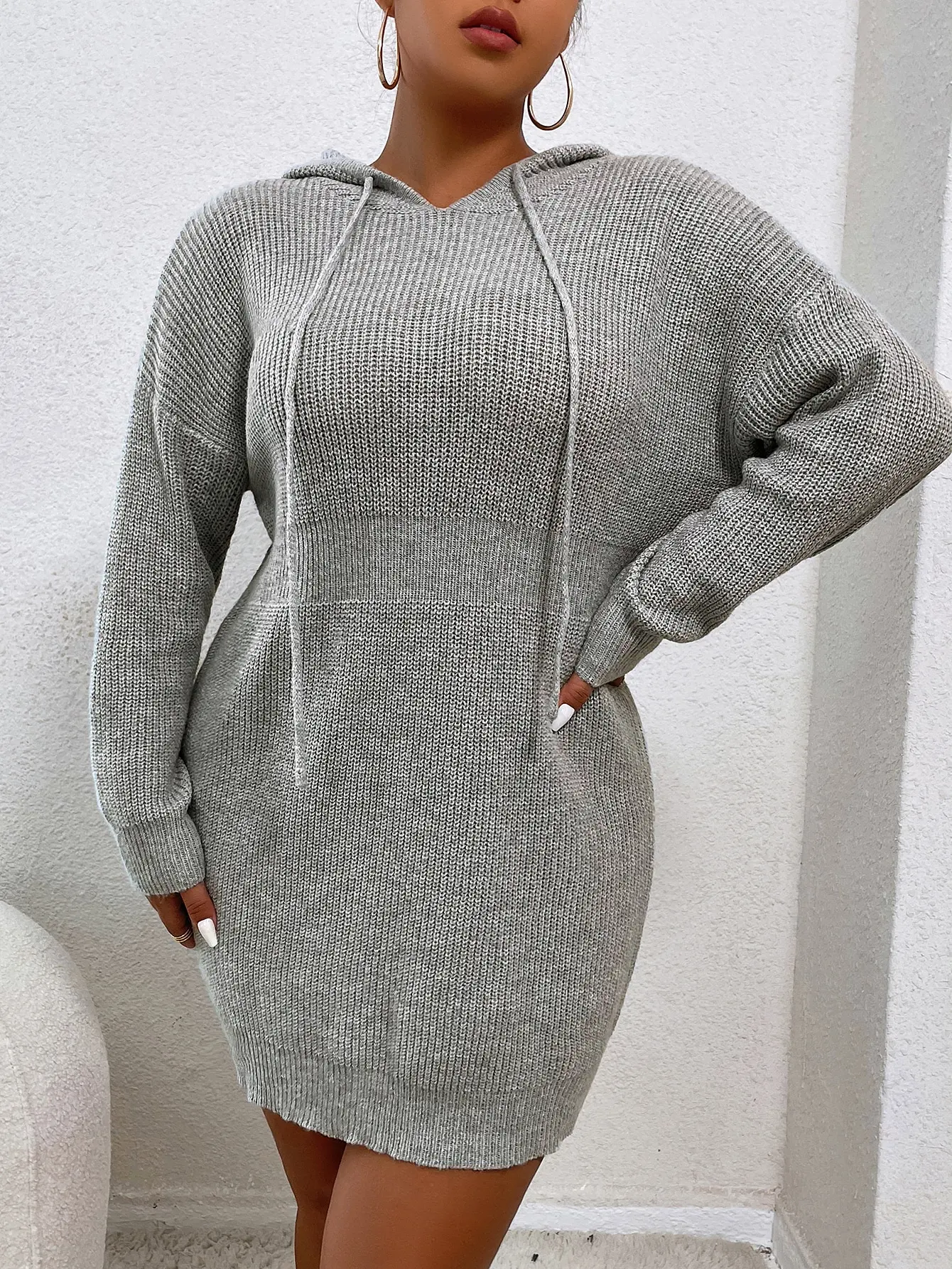 Plus size Damski sweter z dzianiny Casualowa mini sukienka z długim rękawem i kapturem ze sznurkiem