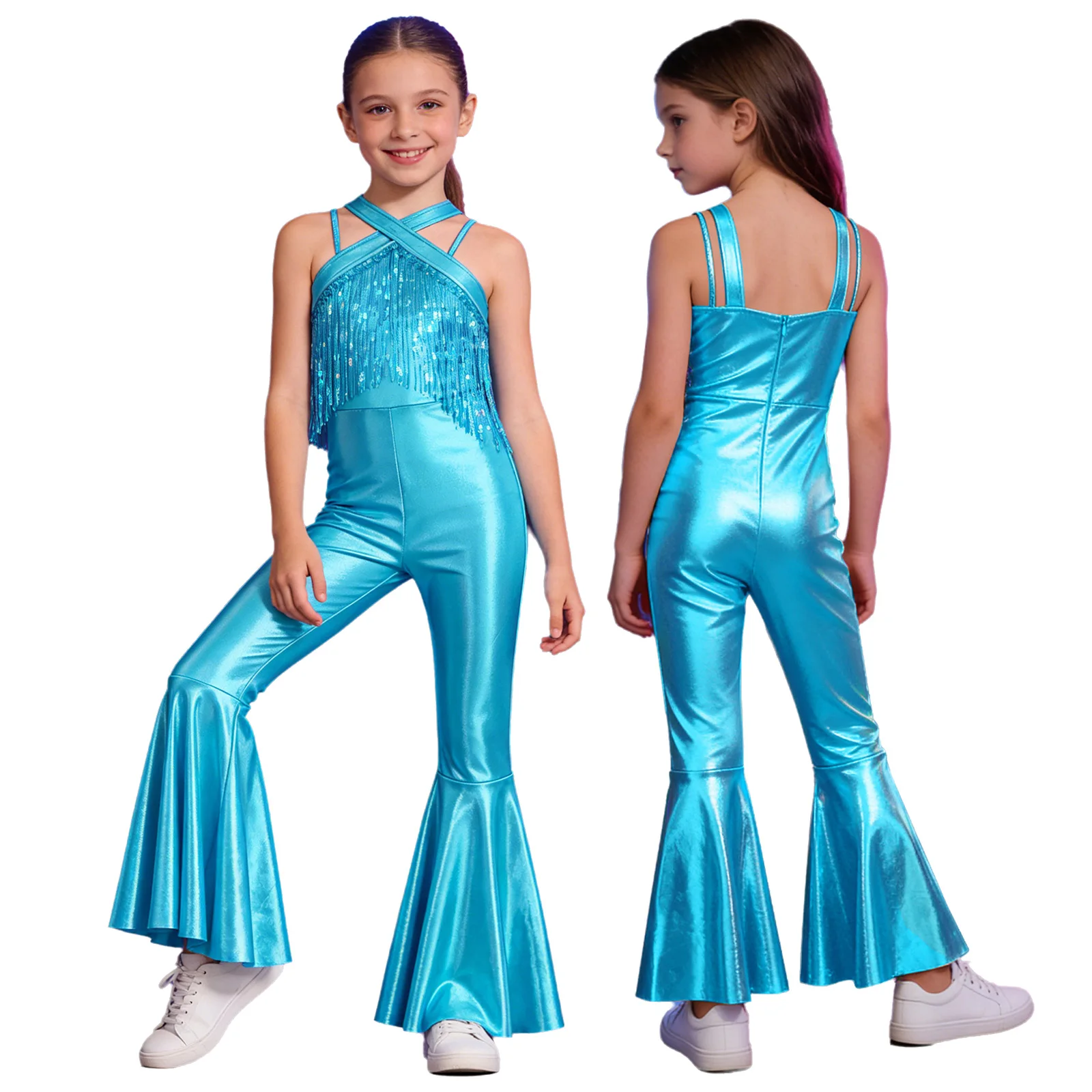 

Kids Girls Metallic Shiny Disco Jazz Dance Jumpsuit Sequin Tassel Sleeveless Bell-bottoms Rompers for Hip Hop Rave School Party