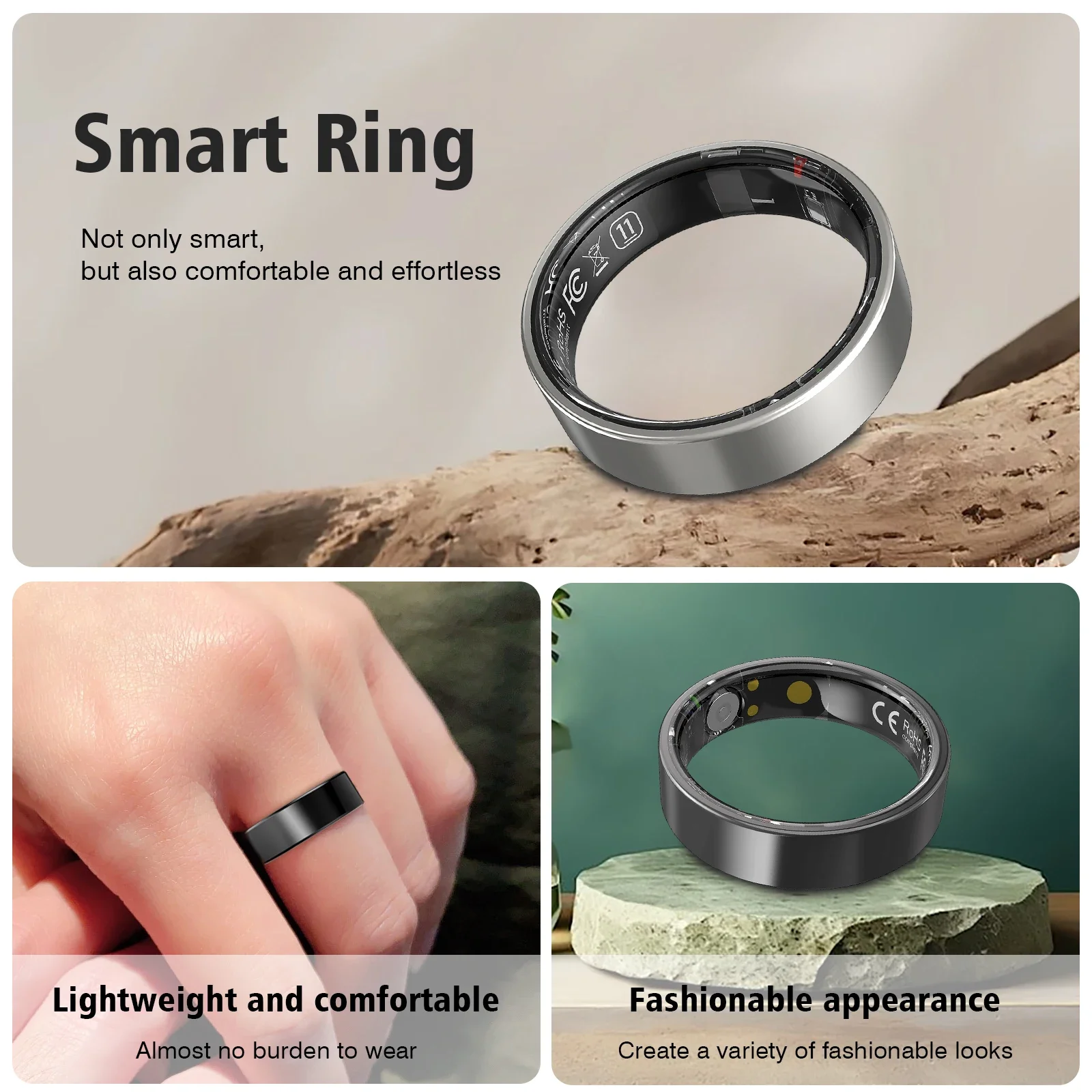 حلقة ذكية، شاشة تعمل باللمس، مادة ستانلس ستيل، وضع رياضي متعدد، تتبع النوم، السعرات الحرارية، عمر البطارية الطويل