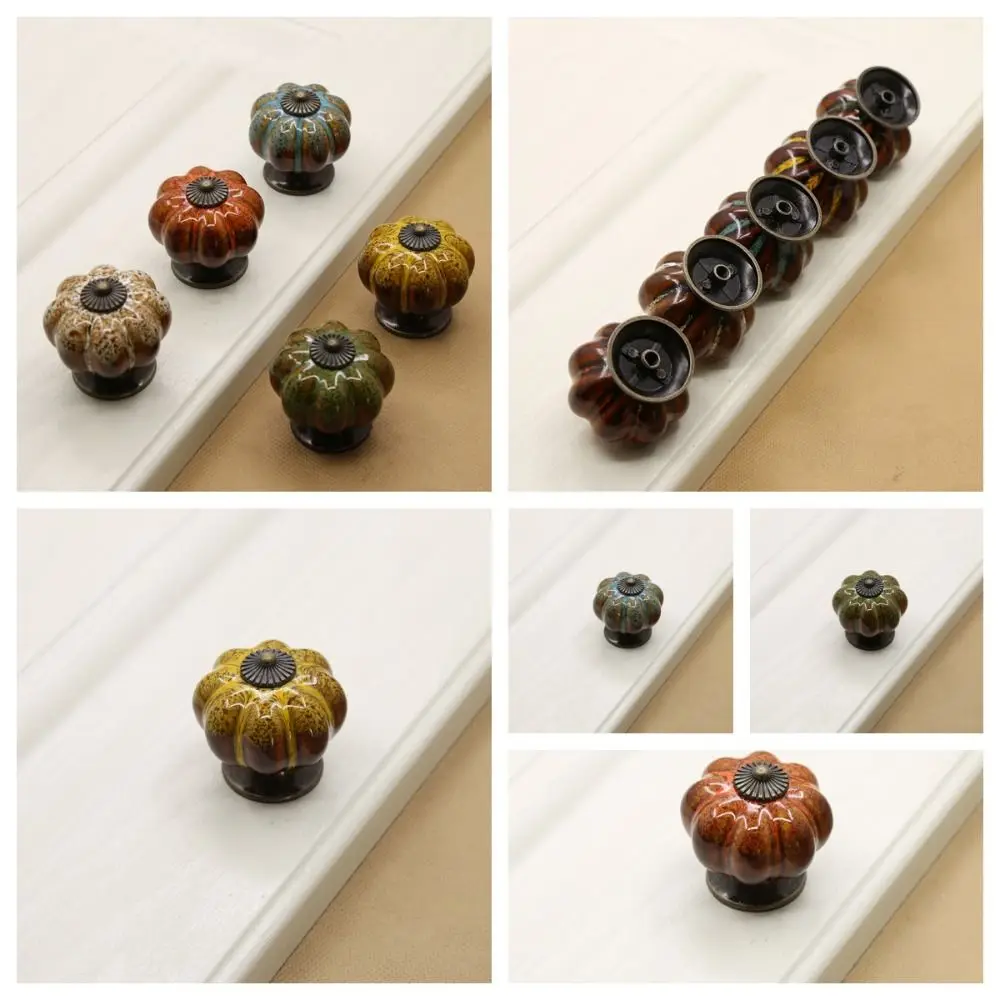 Retro Single Hole Ceramic Pumpkin Handle Leopard Pattern European Style Cabinet Knob Vintage Round Drawer Knobs Cupboard