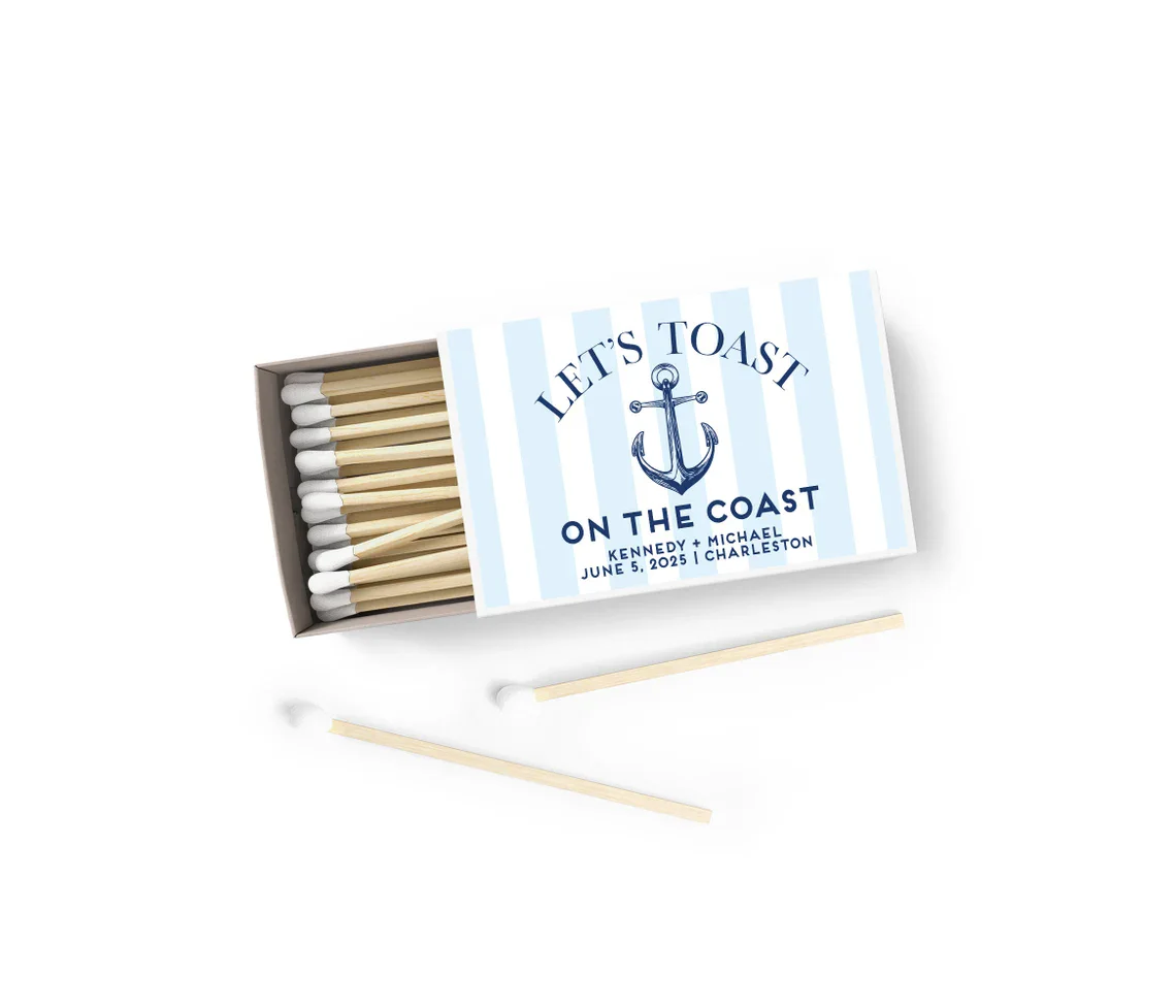 Beach Wedding Favors - Custom Matches SET OF 100 - Let's Toast on the Coast - Crab - Reception Favors - Beach Themed - BULK Matc