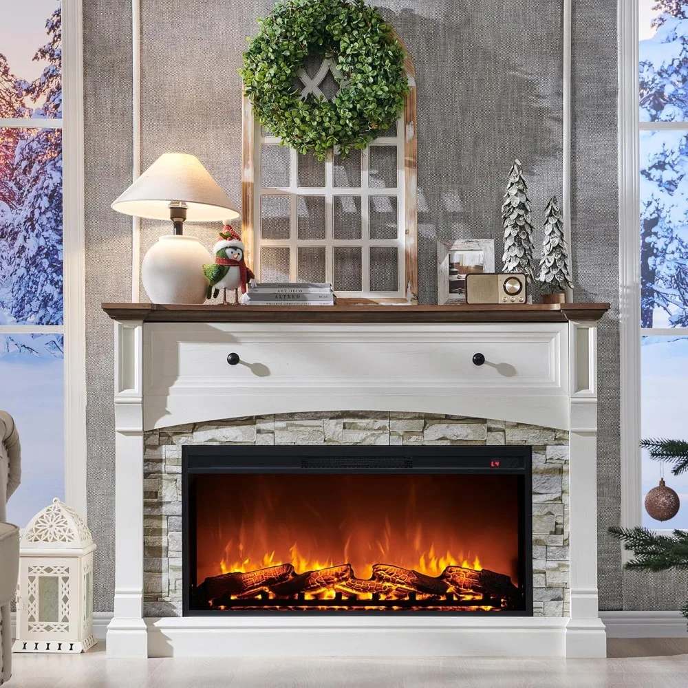 

Electric Fireplace with Mantel, Farmhouse Entertainment Center Electric Fireplace & Sime-Open Cubby for Living Room