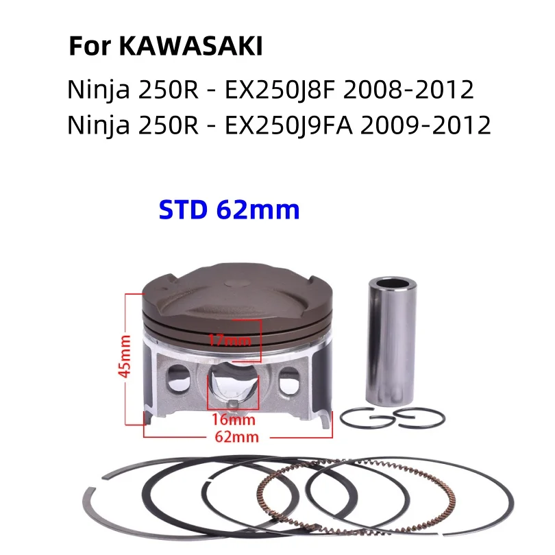 

Комплект поршней и колец двигателя мотоцикла 62 мм, 16 мм для Kawasaki EX250 Ninja 250 R 250R ABS EX250R EX 250 J8F J9FA 130010091