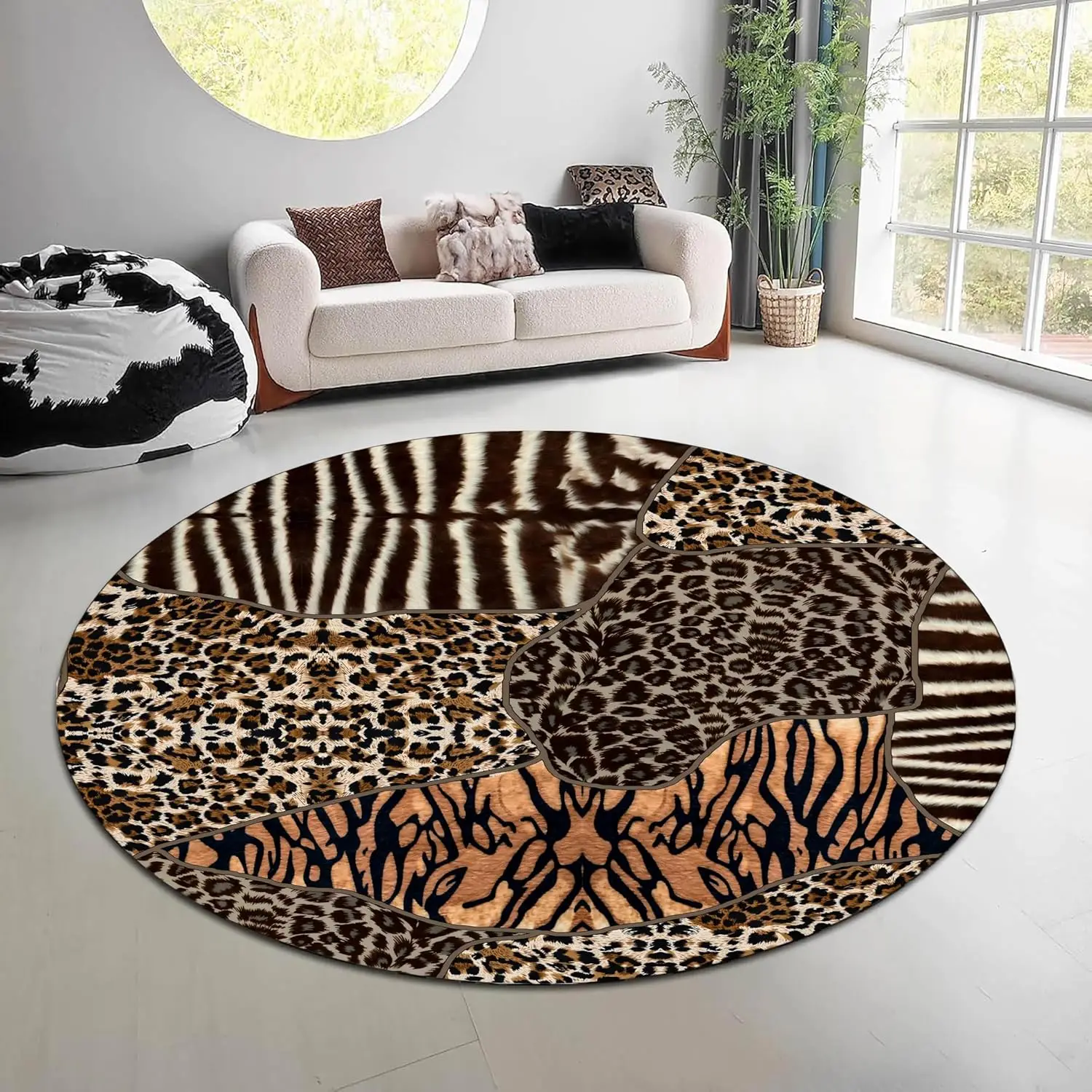 Leopard Zebra Print Round Rug Faux Animal Skin Patchwork Area Carpet Wild Safari Theme Luxury Living Room Bedroom Floor Cover