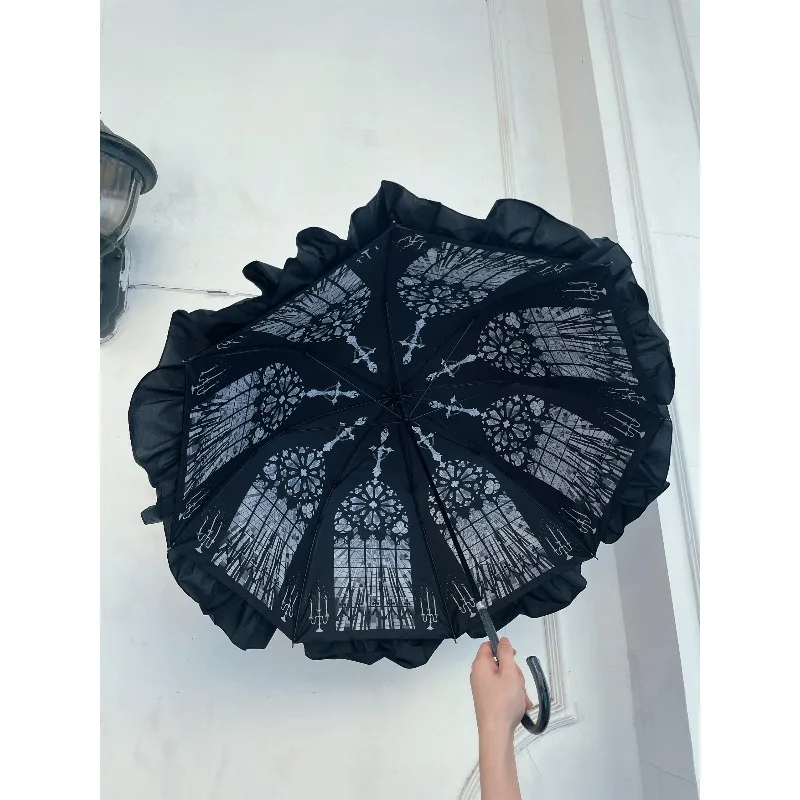Black and White Window Original Dark Gothic Print Manual Double Layer Full Light Blocking Black Glue Rain Umbrella