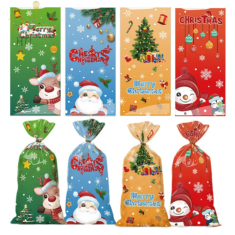 50pcs Santa Claus Snowman Mixed Candy Bags Plastic Gift Bag Merry Christmas 2024 Home Decor For Christmas New Year Party