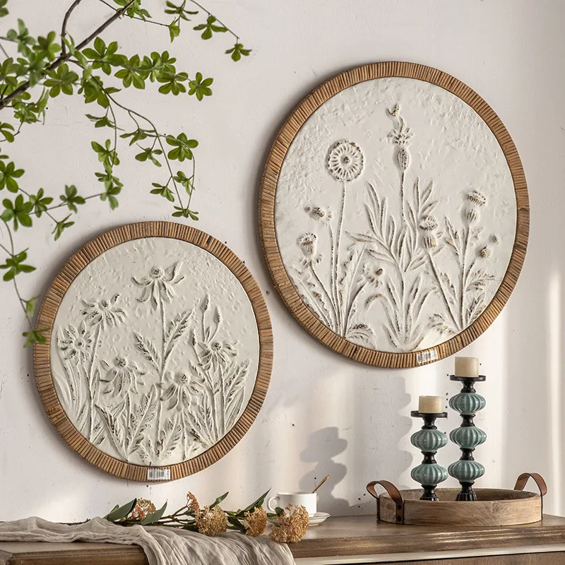 Creative round wall wood decoration mural, Nordic  style bed and breakfast restaurant white relief wall hanging
