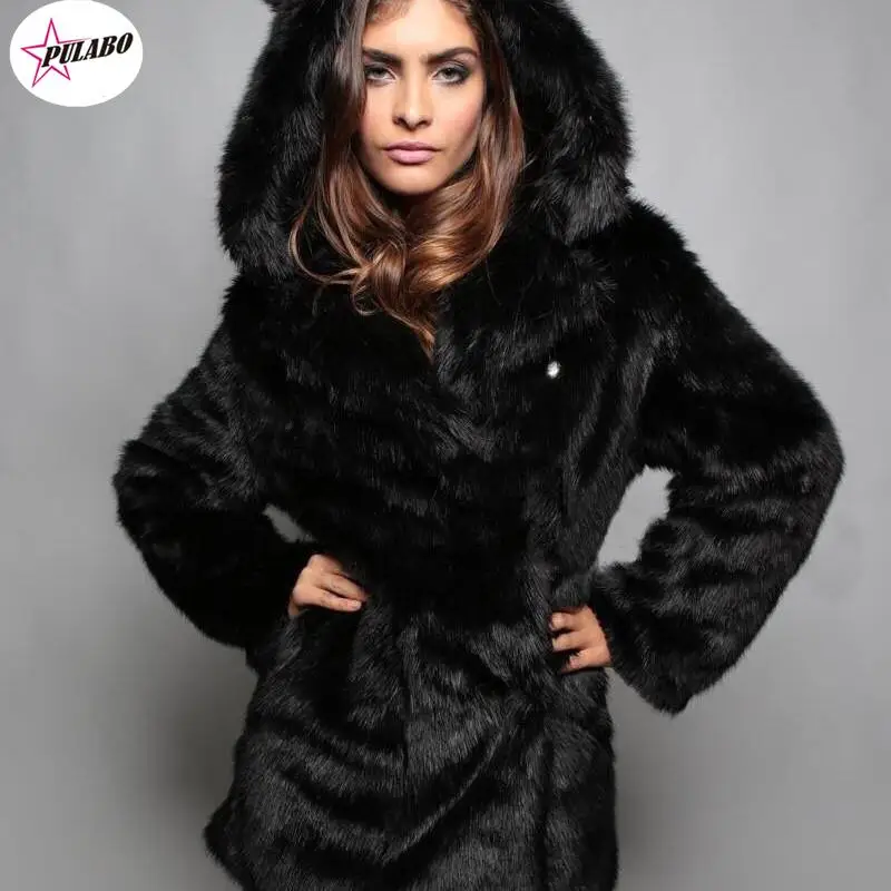 

PULABO Wolf Artificial Fox Fur Coat Cartoon Ear Hooded Faux Rabbit Fur Coats Plush Jacket Faux Fur Hood Animal Hat Women Outwear