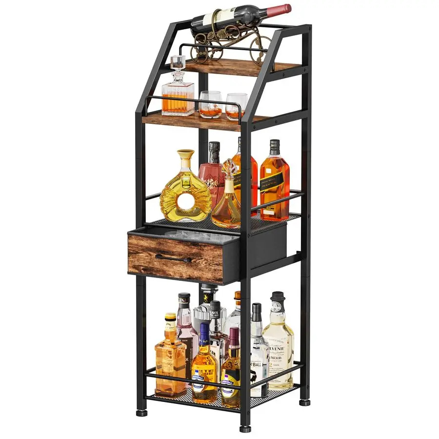 

Wine Rack Freestanding Floor 4Tier Stepped Liquor Cabinet Bar Stand for Home with Fabric Drawer, Wine amp Glass Organizer for L