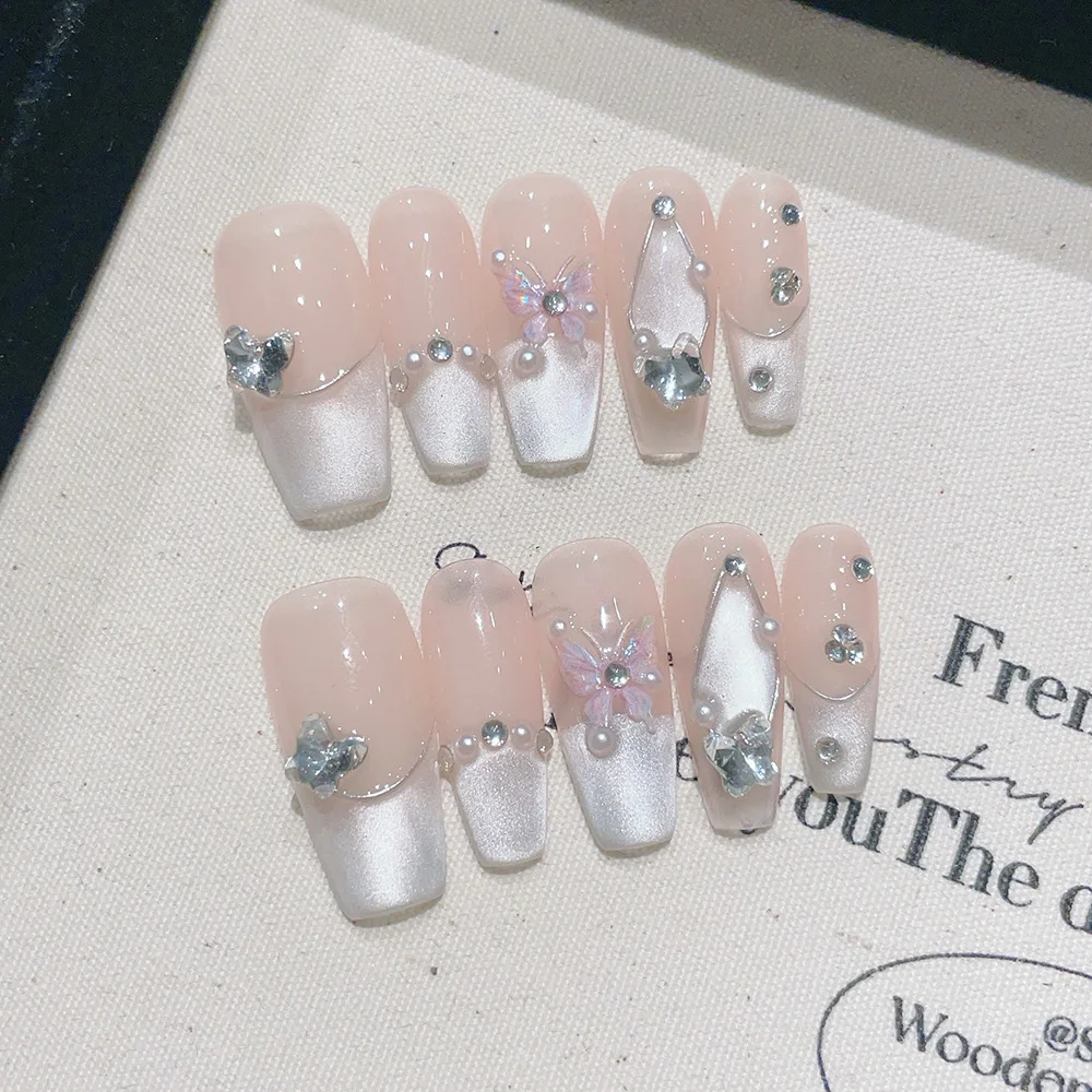 10pcs Medium Trapezoid Handmade Press On Nails Kit, Pink Fake Nails, Gentle Sweet Wearable Nail Art, Silver Butterfly