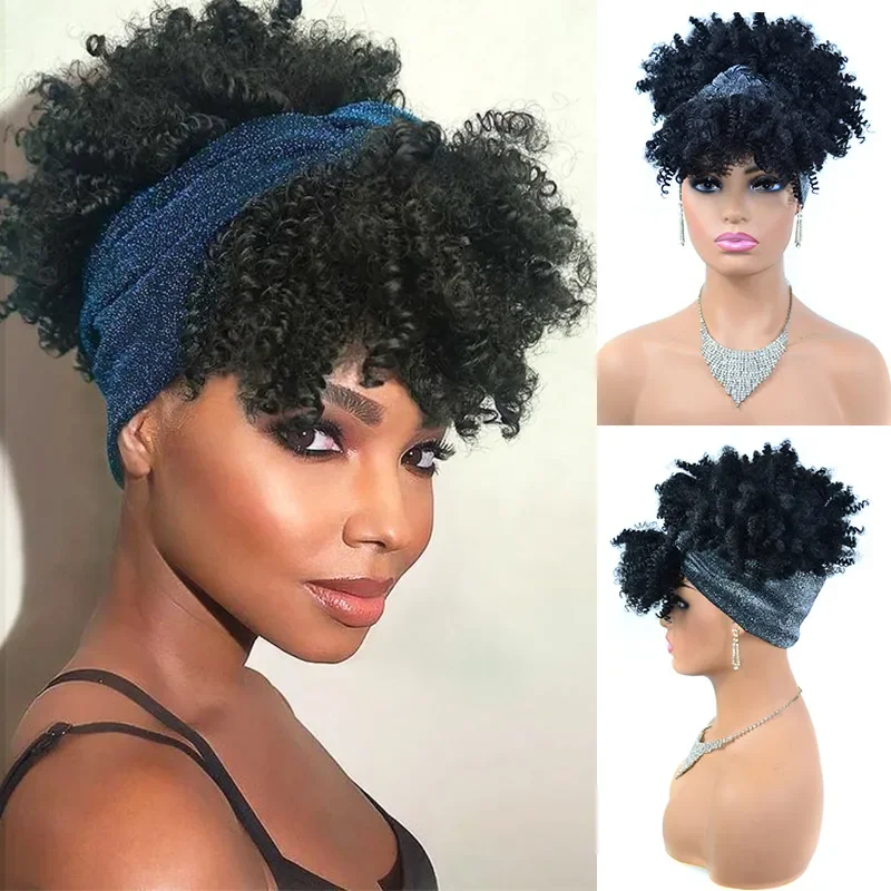 

Short Curly Headband Wigs for Black Women Afro Kinky Curly Wig with Turban Synthetic Heat Resistant Natural Curls Headbands Wigs