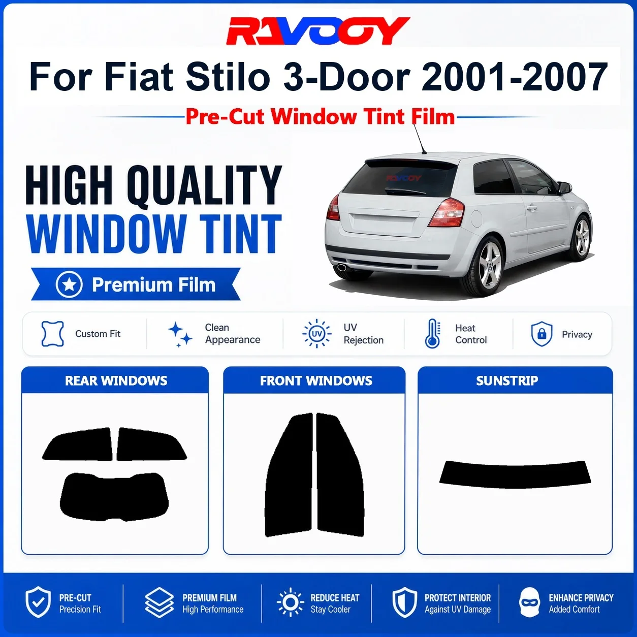 Premium Pre-Cut Window Tint For Fiat Stilo 3-Door 2001-2007 Front & Rear Windows UV Heat Rejection Privacy Film