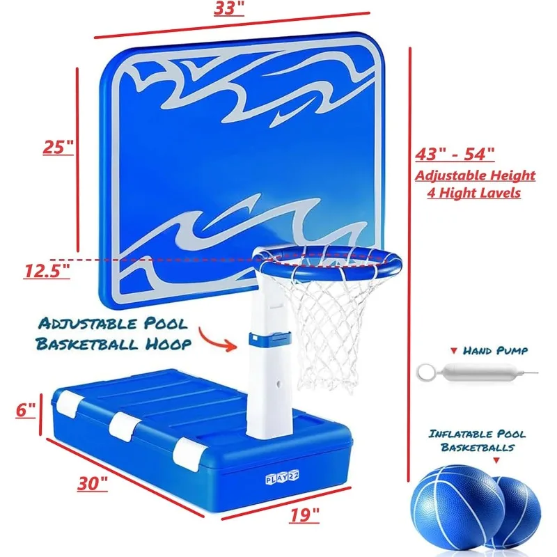 ห่วงบาสเก็ตบอลสระว่ายน้ํา Play22 - ปรับความสูงได้ 4 ระดับ - แผ่นหลังขนาดใหญ่ 33"x 54" ประกอบด้วยลูกบอล 2 ลูกและปั๊ม