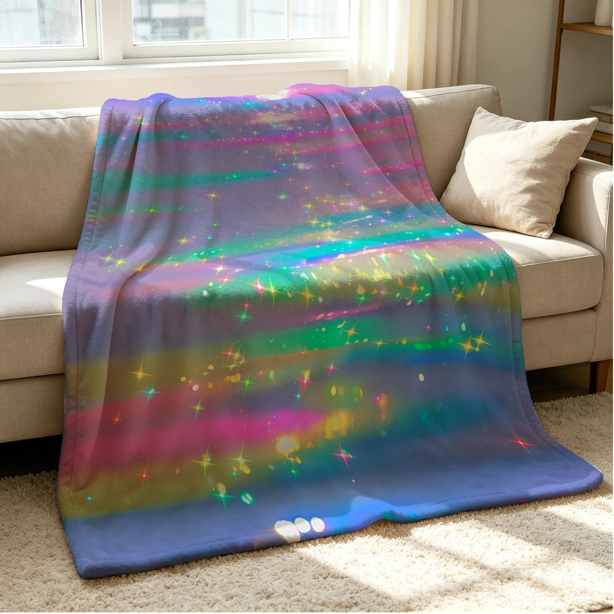 Rainbow Sparkle Flannel Blanket Warm Soft Halloween Christmas Couch Warm Cozy Decorative Decor Gift for All Season