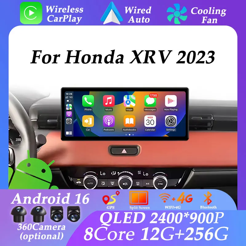 شاشة رفيعة للغاية 12.3 بوصة لهوندا XRV 2023 CarPlay اللاسلكية أندرويد 16 مشغل وسائط متعددة الصوت والفيديو نظام تحديد المواقع Navi WIFI No 2 din