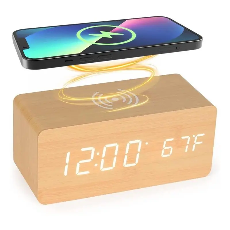 ABKI-Wooden Digital Alarm Clock Featuring Wireless Charging, LED Display Featuring Time, Date Temperature, Desk Clock Design