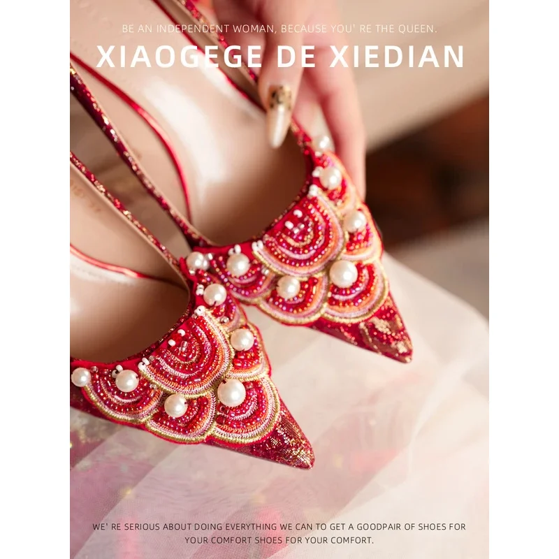

NewNewest Red High Heels Wedding Women Diamond Pearl Chain Pumps Crystal Shoes Rhinestone Pointed Toe Glitter f;5,c'8.m;0'