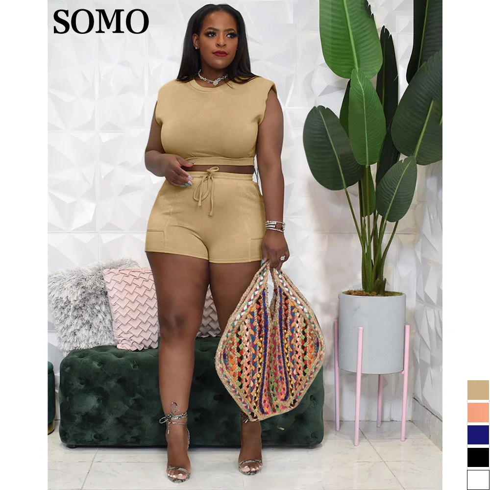 

SOMO Women Crop Top with Padded Shoulders Two Piece Short Sets Solid Color Casual Plus Size Matching Sets Wholesale Dropshipping