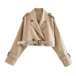 Gabardina recortada de gran tamaño con cinturón para mujer, Chaqueta corta de manga larga con doble botón Vintage, color caqui, nueva moda
