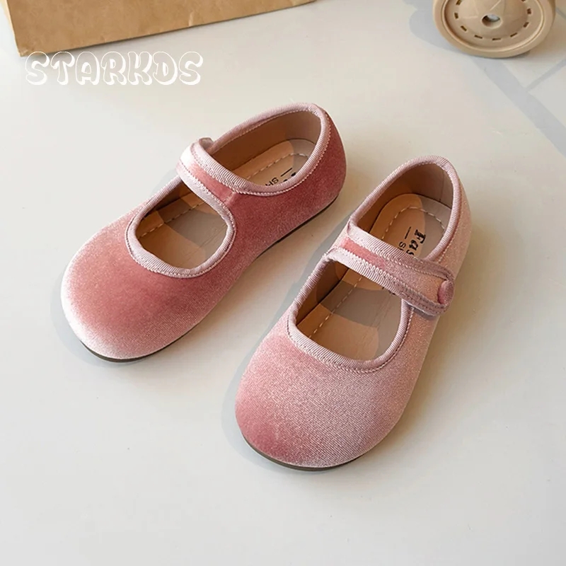 

Cute Peach Pink Velvet Shoes Girls Vintage Gold Velour Ballet Flats Baby Kids Spring New Soft Sole Luxury Mary Janes