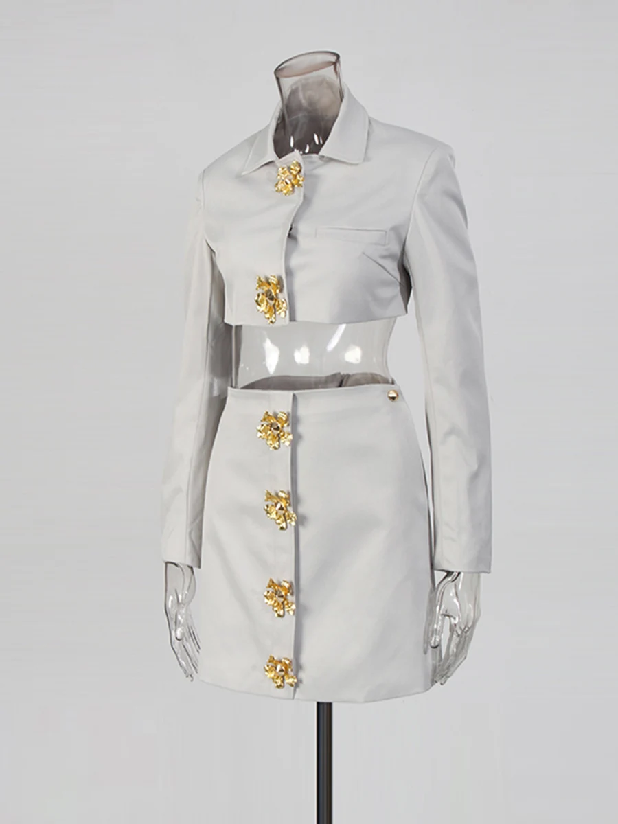 CHICEVER Grayblue أزرار مقسمة قطعتين مجموعة الإناث التلبيب كم طويل سترة تخفيف الفكرية المرأة تنورة مجموعات الموضة #3