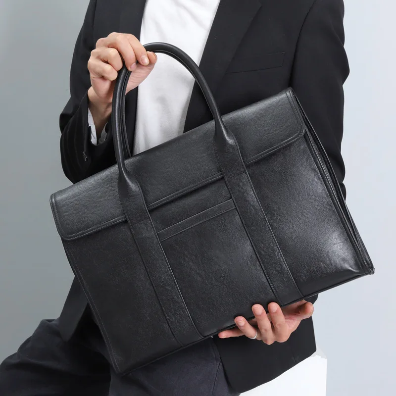 Luxury Genuine Leather Briefcase for Man Top Layer Cowhide Vintage Executive Laptop Handbag Tote Shoulder Business Portable Bag