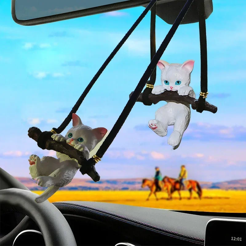 Cute Branch Hanging Cat Car Pendants Interior Decoration Resin Swing Cat Duck Ornaments Car Rearview Mirror Pendant Charms