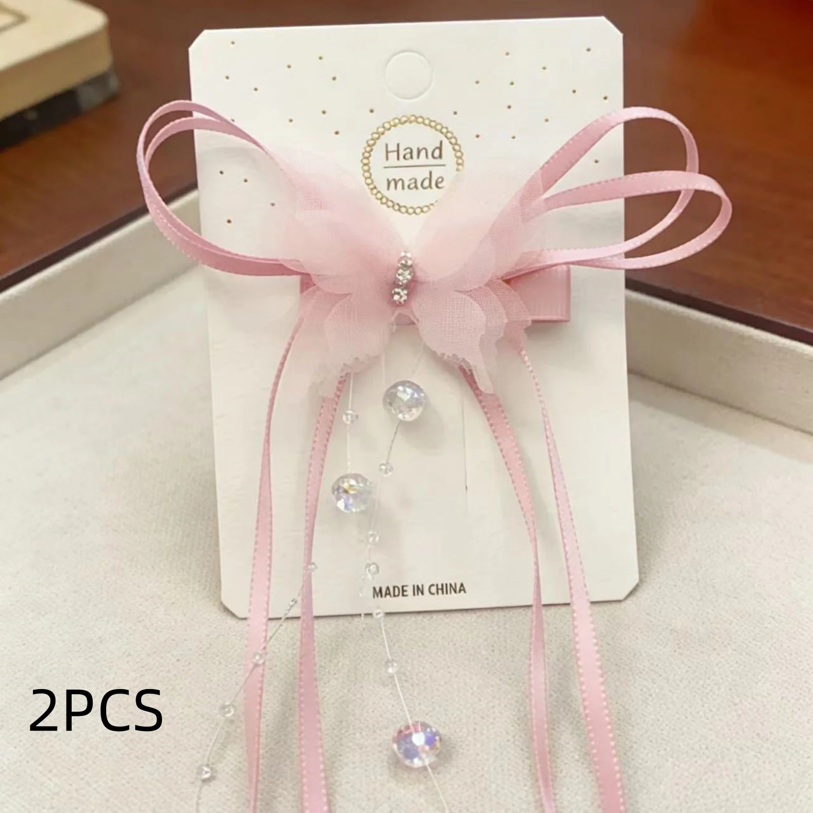 2 Stück elegante Tüll-Schmetterlings-Haarspangen mit Quastenperlen für Frauen und Mädchen, Feenhaar-Accessoires für Hochzeit, Party, Alltag – Detail 4