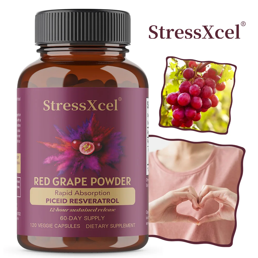 

Red Grape Powder Capsules, 12-Hour Slow-Release Resveratrol for Fast Absorption, 120 Vegetarian Capsules