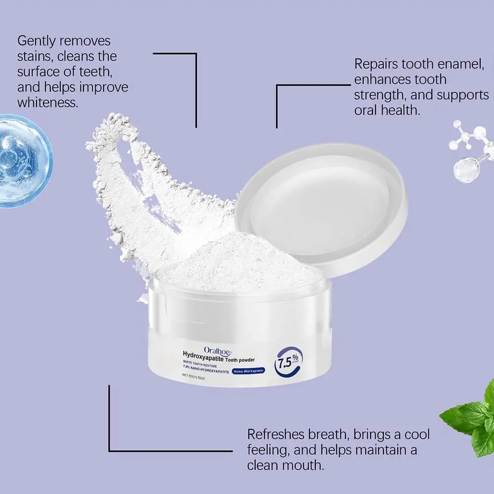 Polvo Blanqueador Dental Oralhoe de 50g Sin Flúor, Limpieza Profunda, Elimina Manchas Amarillas, Repara el Esmalte, Refr