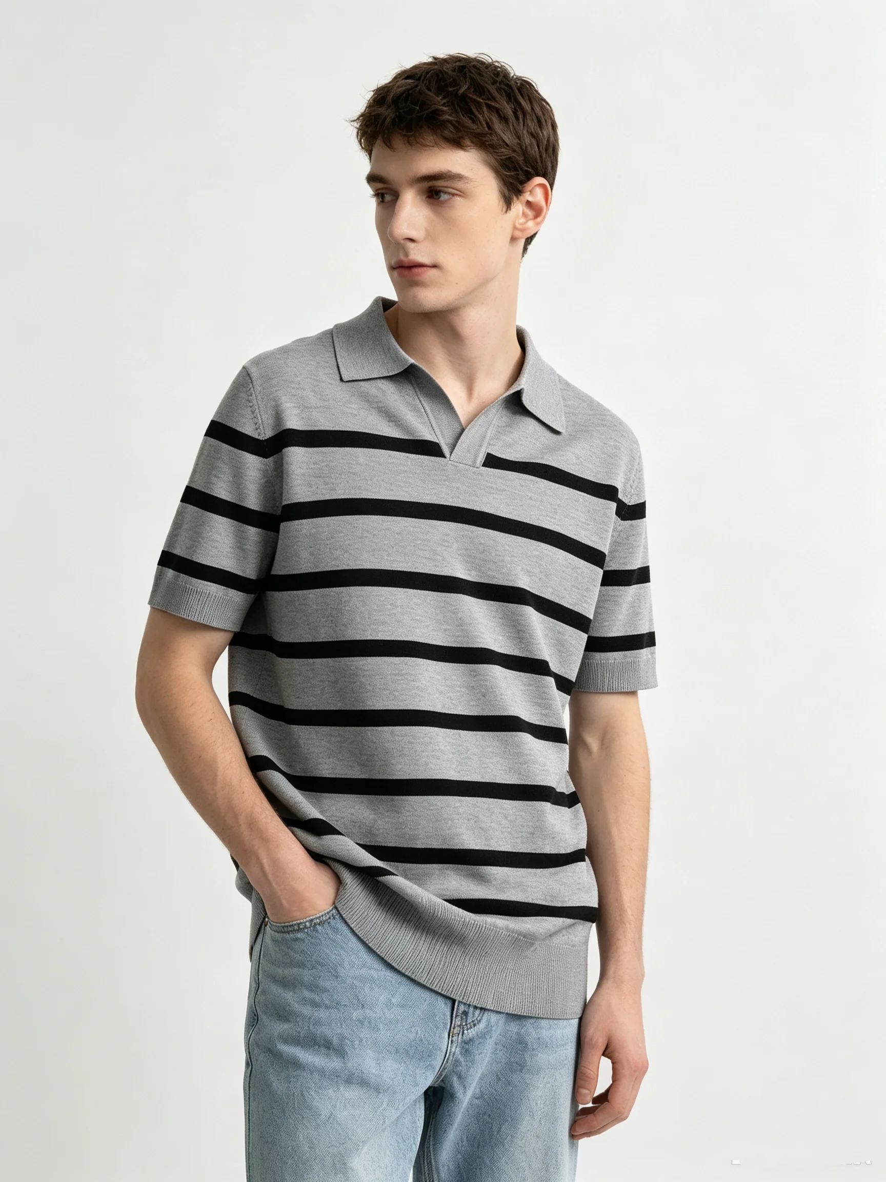 Men Horizontal‑Striped Knit Short Sleeve Polo Shirt Summer Breathable Lapel V‑Neck Loose Fit Casual Daily Streetwear Tops