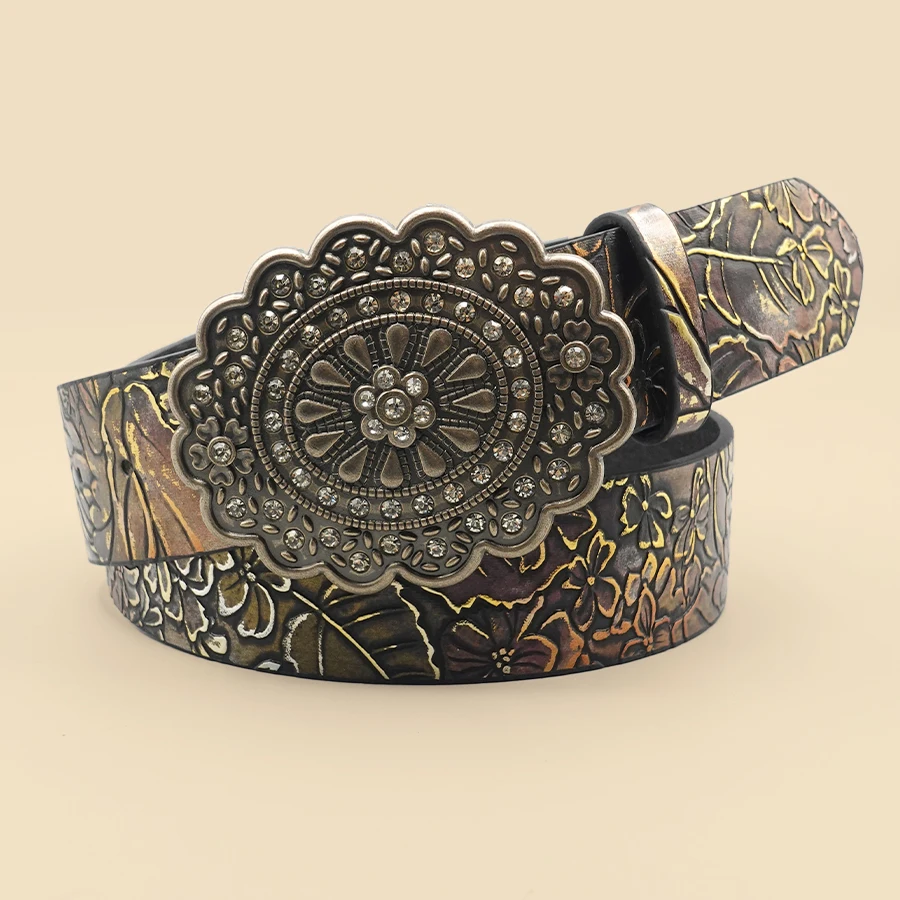 Elegant Vintage Women's Belt - Crystal Rhinestone & Leaf Pattern, Timeless Fashion for Casual Chic