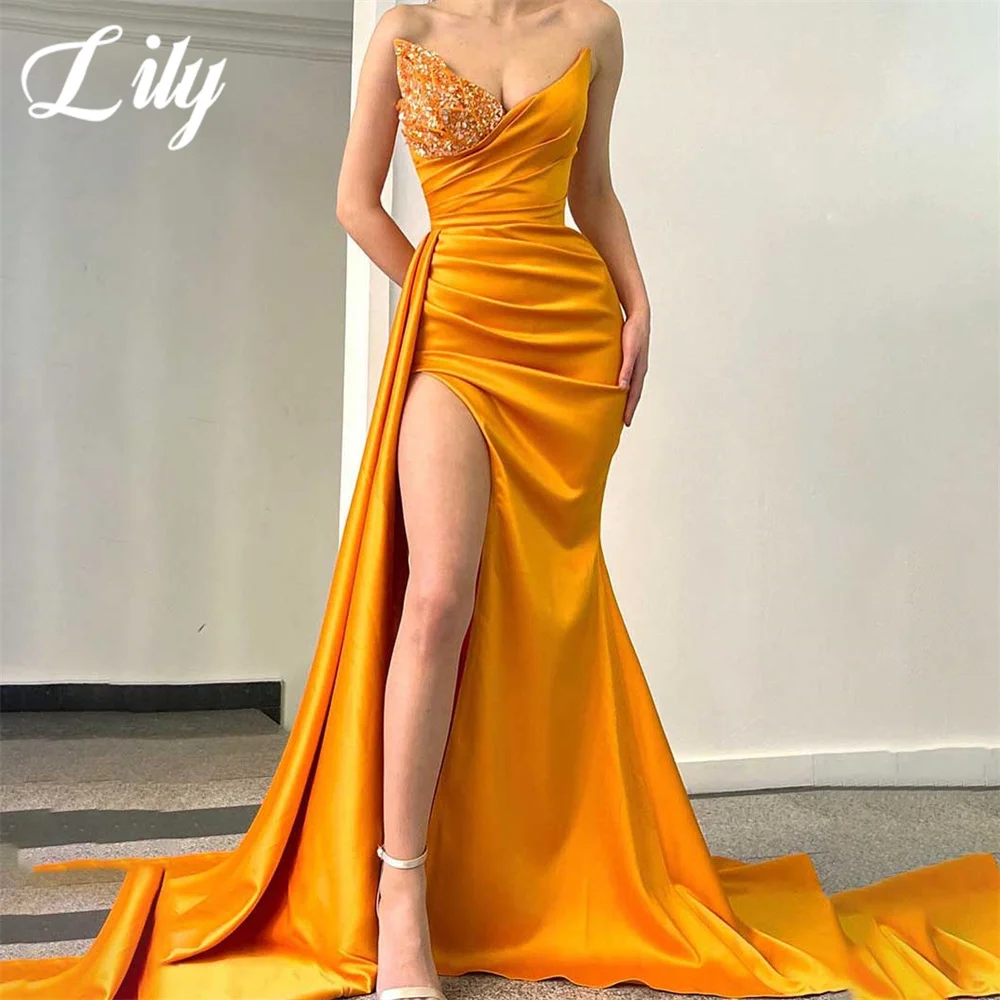 

Lily Yellow Chic Woman Evening Dress Gown Sequin Mermaid Sexy Split Sleeveless Night Dress Gown with Pleat Satin robes de soirée