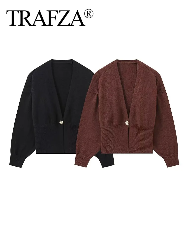 TRAFZA Woman Autumn Long Sleeves Slim Casual Sweater High Street Coat Fashion Women Deep V-Neck Single Button Knitted Cardigan