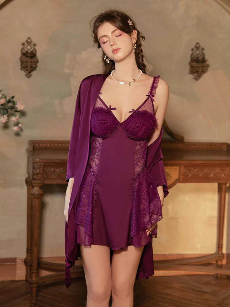 2pcs sexy silky satin lace sleepwear hollowed out seduction gathered detachable chest cushion backless nightgown outer robe set