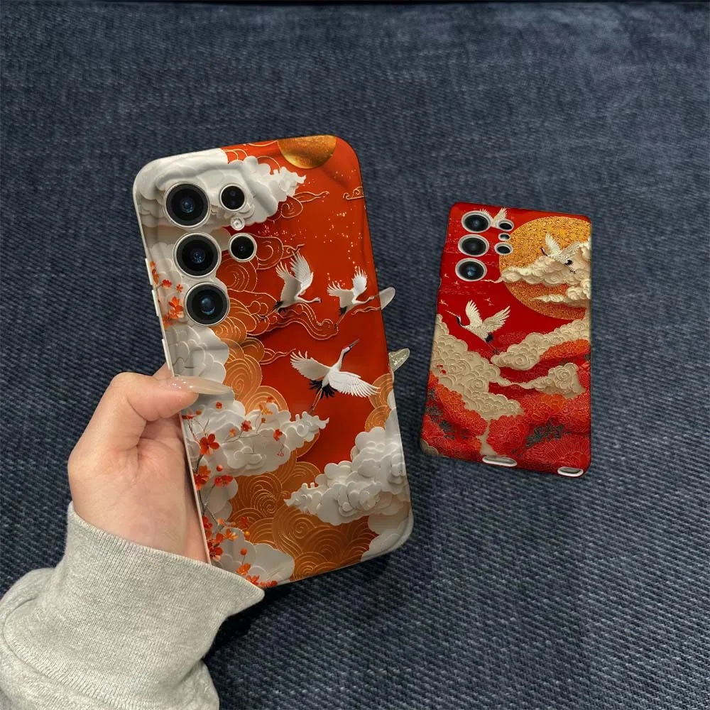 

Red Sun Crane Cloud Phone Case For Samsung Galaxy S21 S23 S24 S25 S26 FE Lite Plus Ultra 5G Wave Oil Film