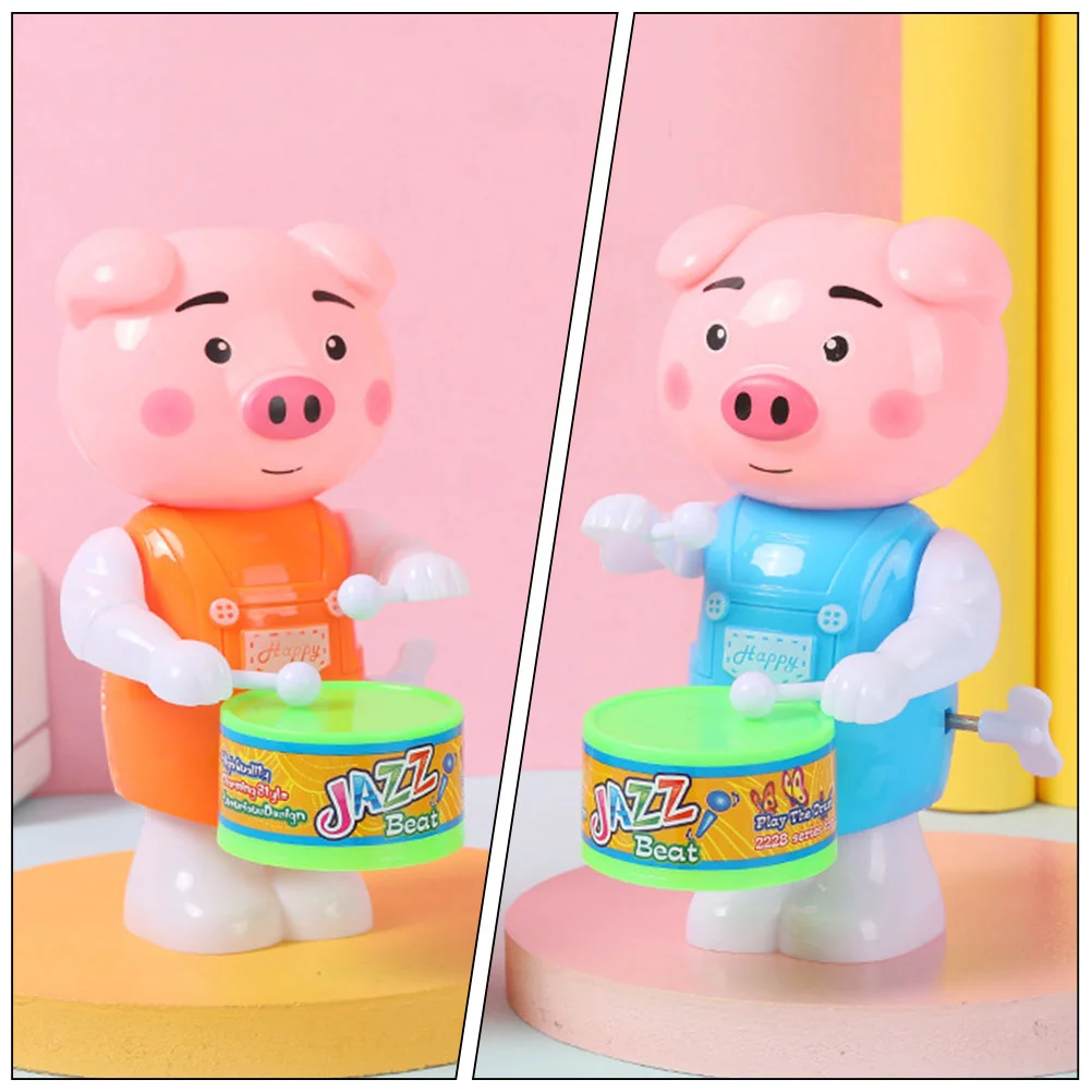 3 Pcs Wind-up Toy Pig Drum Beating Crafts Clockwork Decor Toys Household Desktop Abs Plastic Ornaments Child