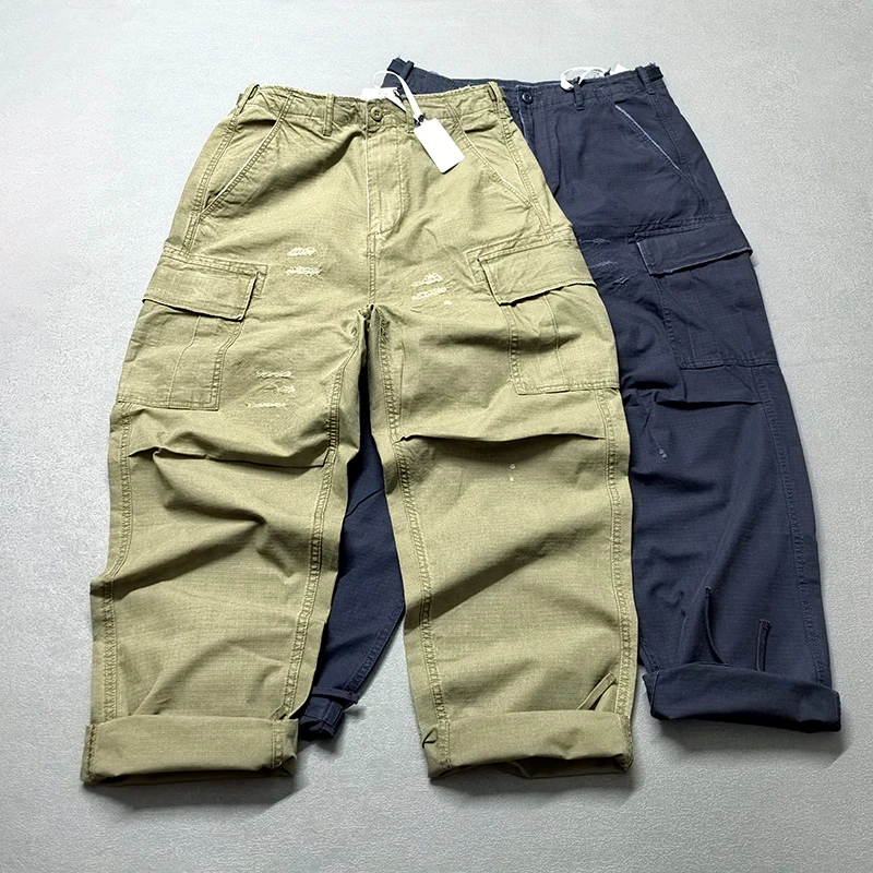 

Retro Loose Fit Men's Casual Pants Autumn Winter Heavy Duty Military Style Multi Pocket Distressed Straight Leg Cotton Trousers
