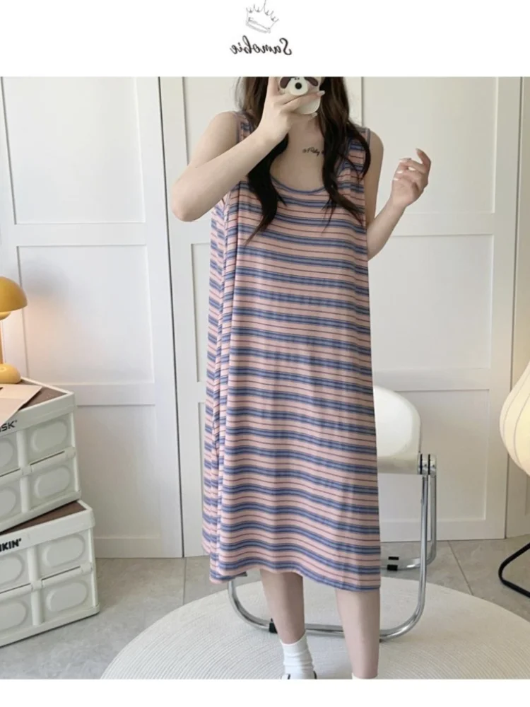 150kg 3XL Plus Size Striped Vest Nightdress Women Summer Sleeveless Loungewear Ins Trend Loose Long Dress Pajamas Homewear