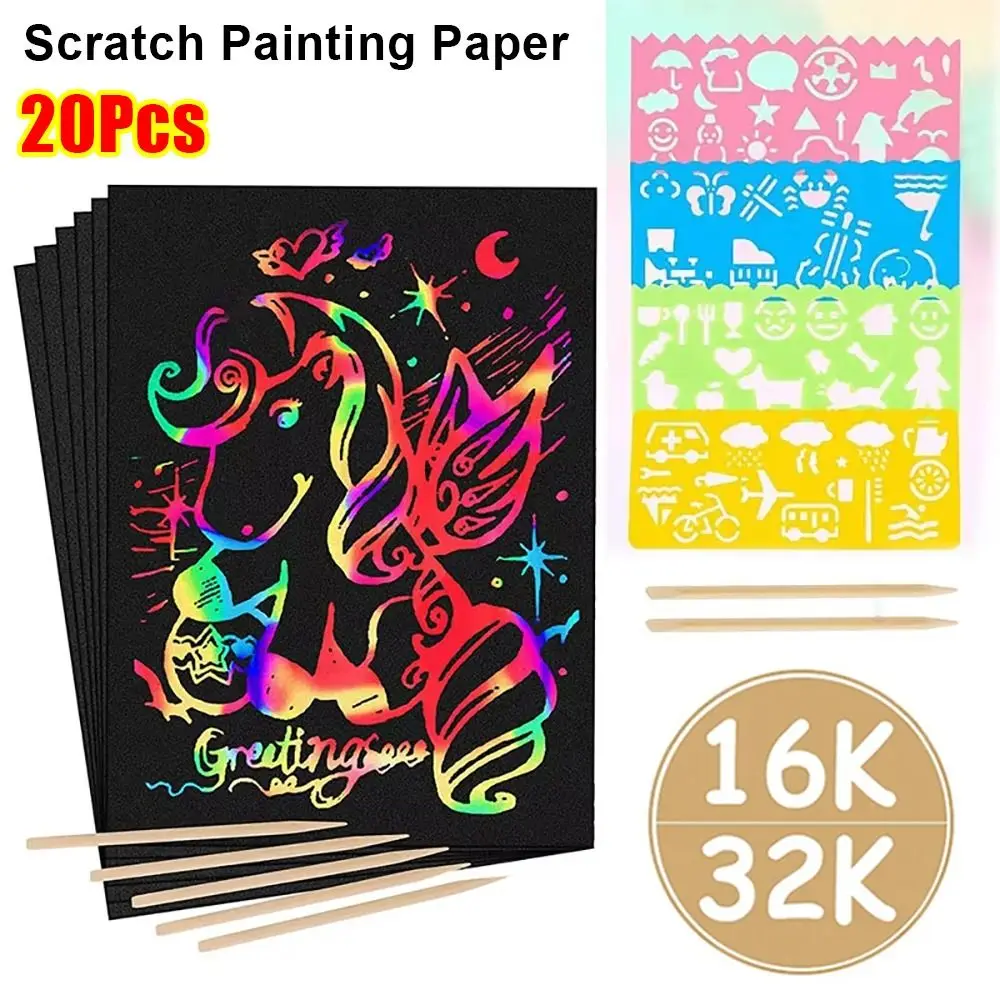 

20Pcs 16/32K Scratch Painting Paper Black with Bamboo Stick Drawing Paper DIY Creative Rainbow Magic Graffiti Art Painting Kit