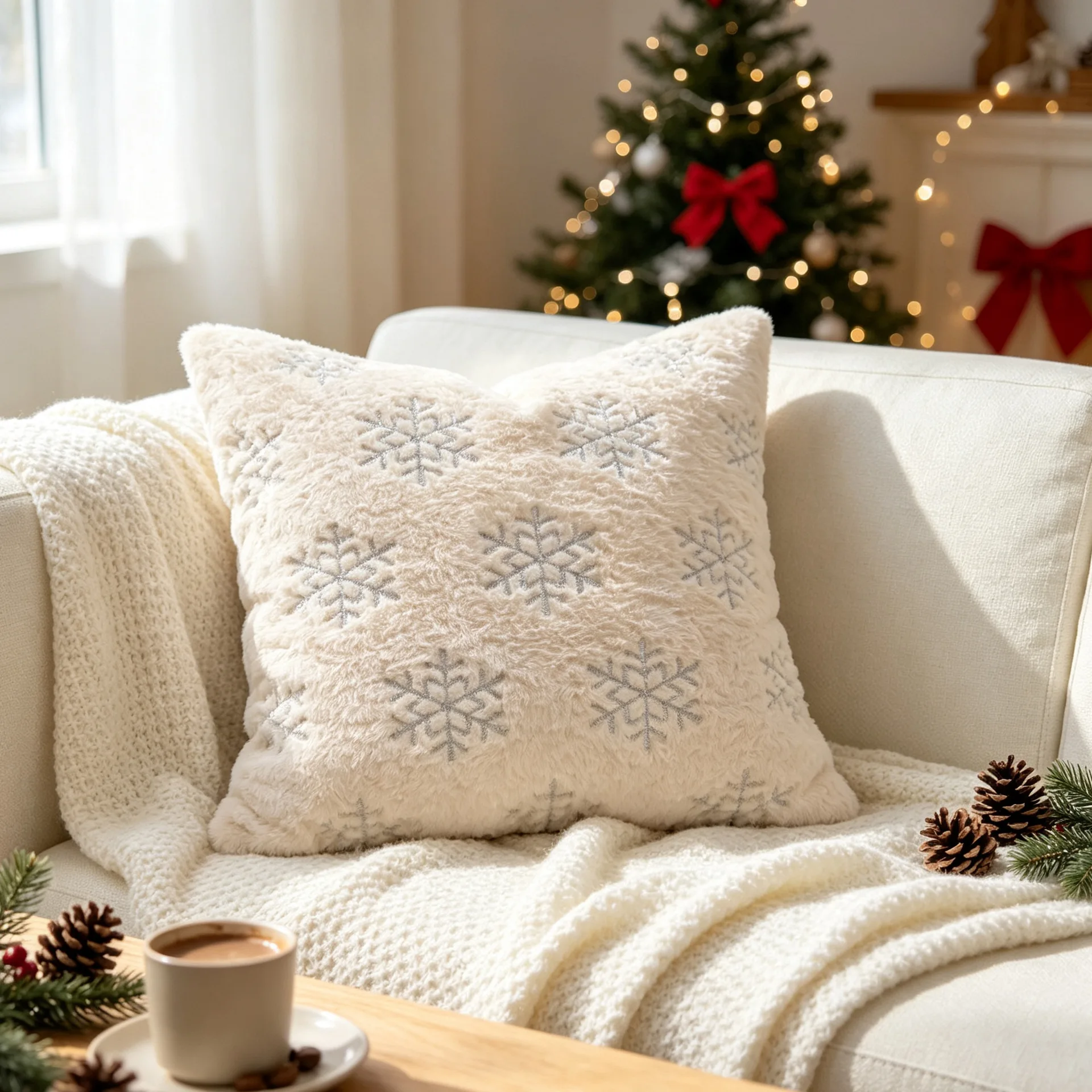 Weihnachtlicher Schneeflocken-Plüsch-Kissenbezug, Sofakissenbezug für Wohnzimmer, festliche Atmosphäre, dekorative Kissenbezüge – Detail 7
