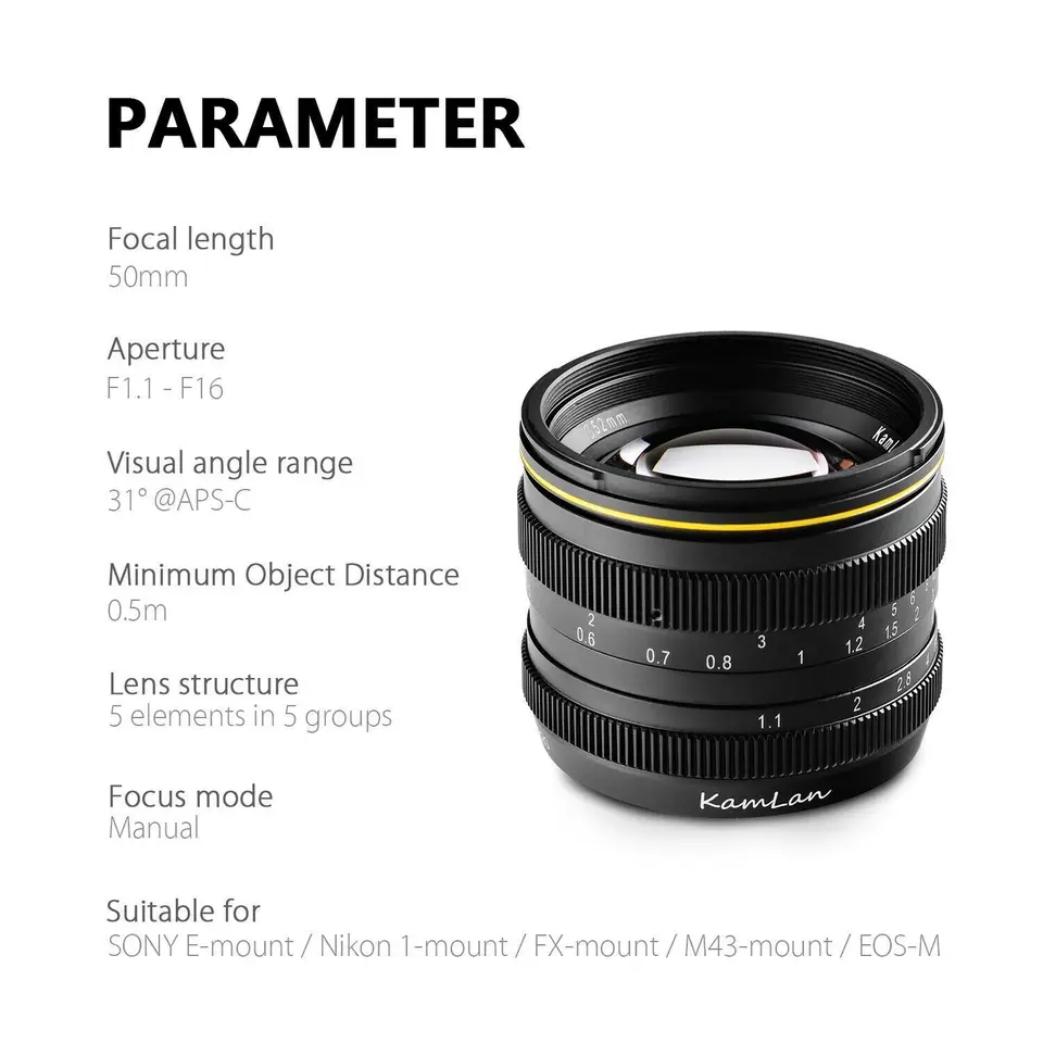 Kamlan 50mm f1.1 APS-C Camera Lens for Canon EOS-M SONY E-Mount