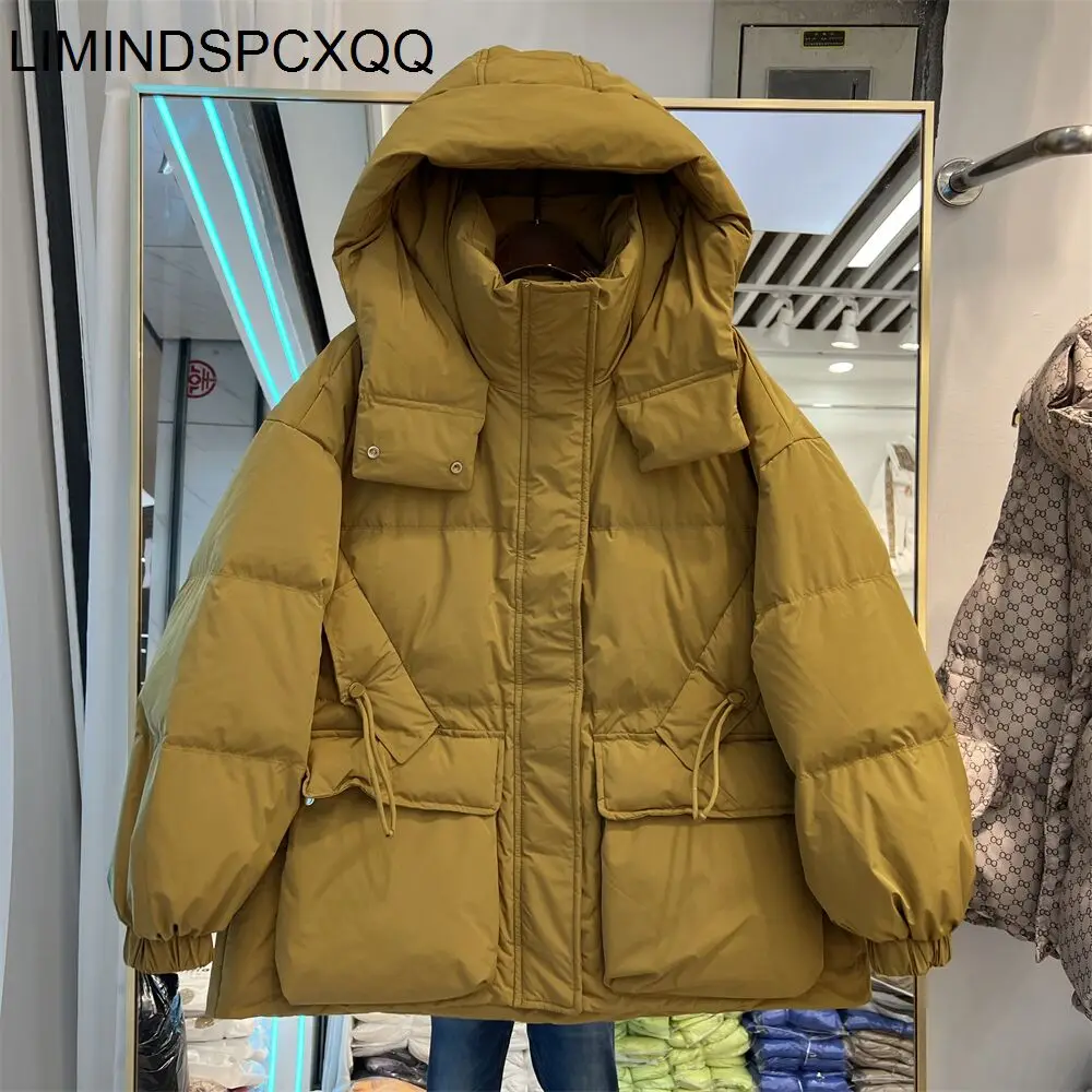 2024 New Women White Duck Down Jacket Autumn Winter Warm Casual Loose Outwear With Hood Female Pocket Puffer Coat