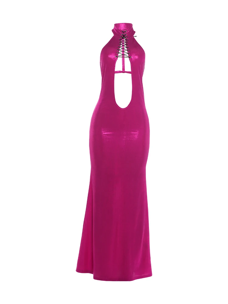 Weird Puss Fashion Leuchtendes Seidenkleid für Damen, sexy Rollkragen, geraffter Rücken, rückenfrei, ärmellos, Abendparty, elegant, figurbetont – Detail 2