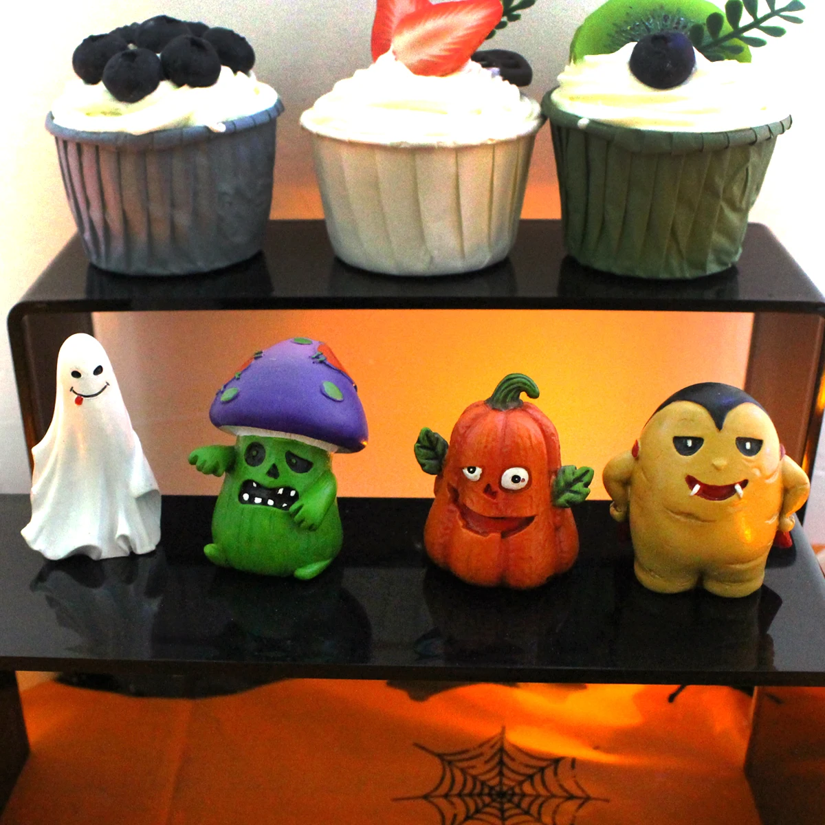 4 Pcs Halloween Monster Resin Statues, Ghost Pumpkin Vampire Mushroom Ornaments for Home Garden Desktop Party Decoration Gifts