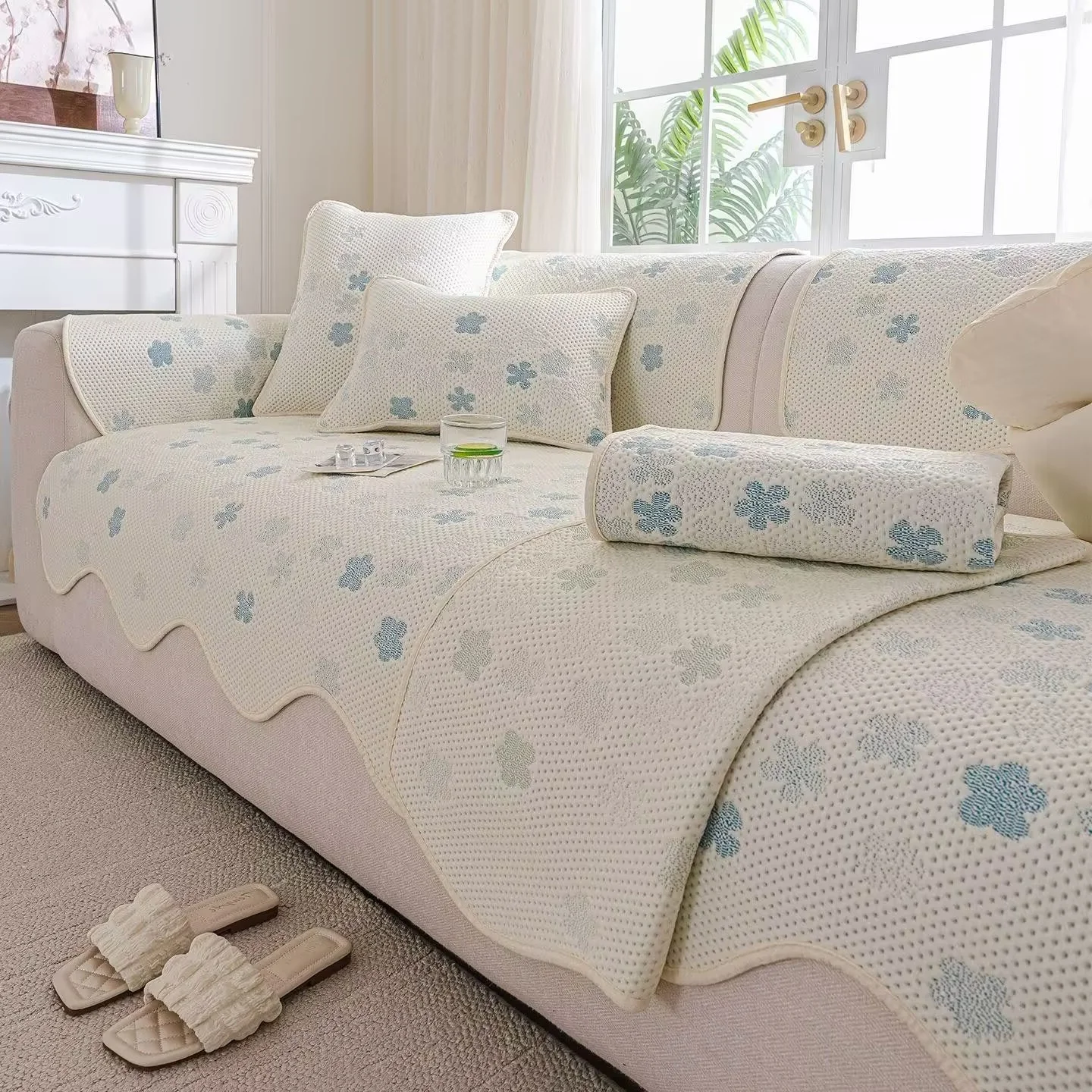 Summer Cooling Bead Sofa Pad One-piece Irregular Seat Cover Ice Silk Yarn-dyed Floral Non-slip Dustproof Adjustable Sofa Cushion