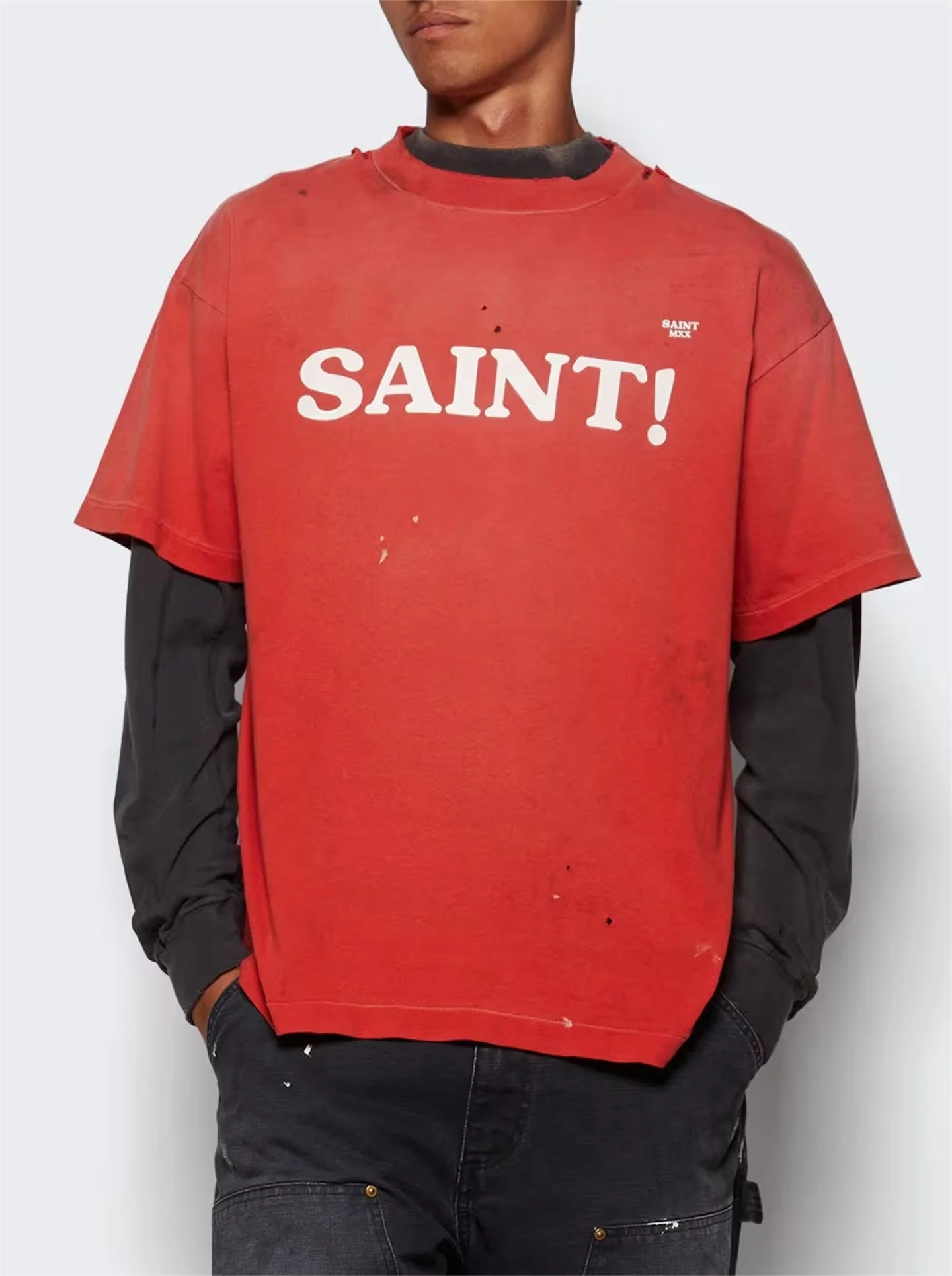 Saint Mxxxxxx Vintage Washed Unisex Short Sleeve T-Shirt Red Cotton Retro Style Men's Women's Clothing Streetwear Outdoor