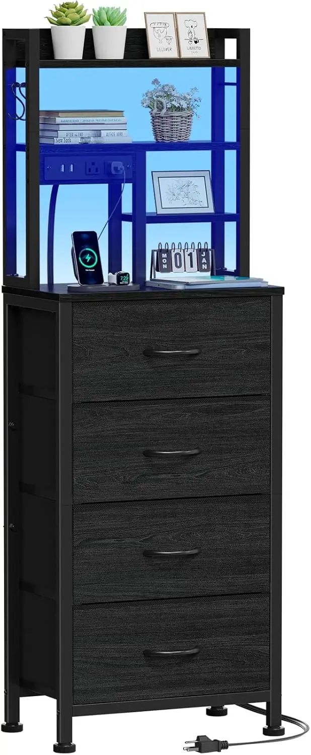 

LED Nightstand with Charging Station, USB Ports, 4 Drawers and Shelves for Bedroom Storage (Black Oak)