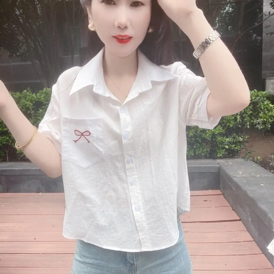 

Женский летний дизайн Mint een Knot с вышивкой ort Sve irt длиной до плеч, корейский свободный крой irt